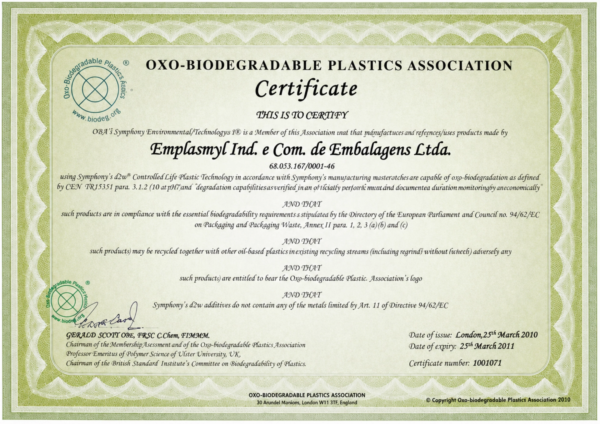 Certificado oficial Emplasmyl — Biodegradação Eco-One